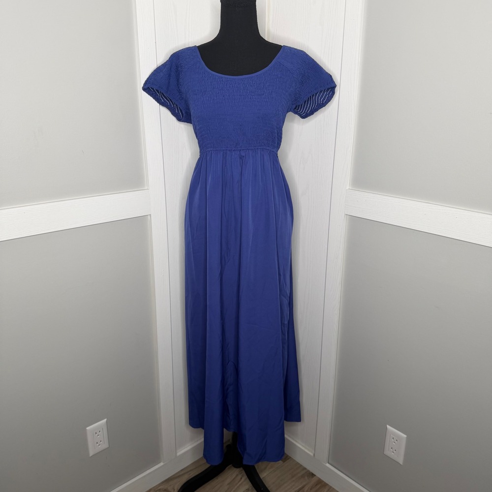 Kohl's Maxi Dress Women XL Blue Smocked Bodice Short Sleeve Stretch Pocket